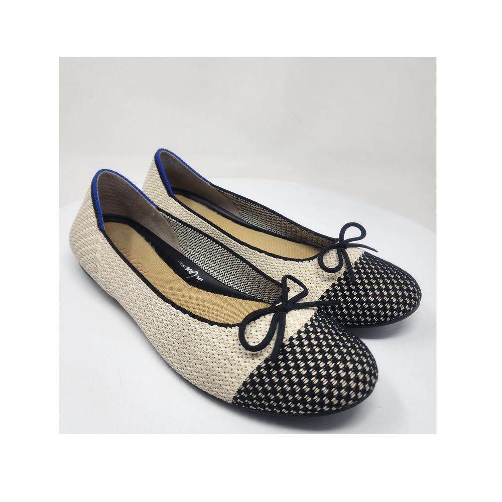 ROTHY'S Coco Ballet Flats Women 8.5 Cream & Black Round Cap Toe with Bow